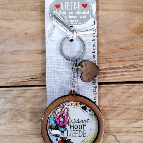 Raampie Sleutelring Geloof Hoop Liefde Pienk Blom