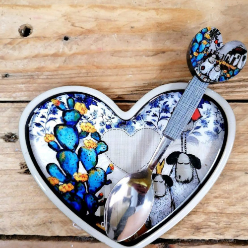 Heart Spoonrest & Teaspoon Blou Kaktus