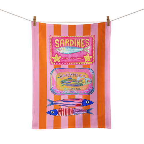 Amalfi Sardines Two Tins Pink Stripe Food Towel