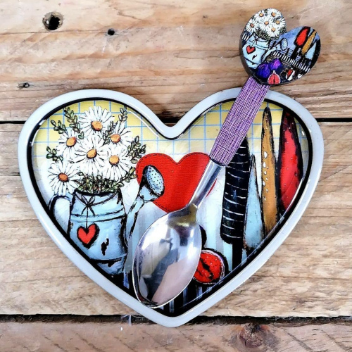 Heart Spoonrest & Teaspoon Wit Blomme Bome