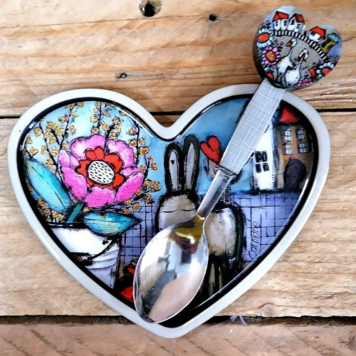 Heart Spoonrest & Teaspoon Donkie Pienk Blom