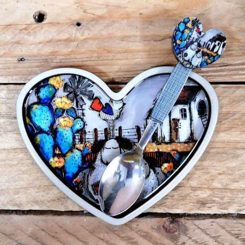 Heart Spoonrest & Teaspoon Blou Kaktus Skapie