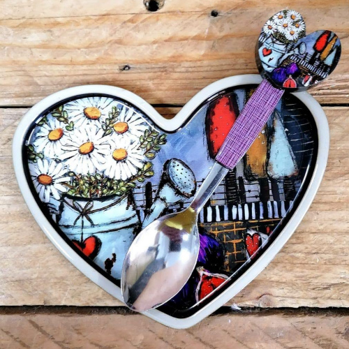 Heart Spoonrest & Teaspoon Wit Blomme